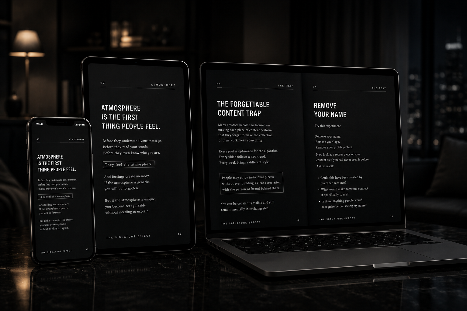 The Signature Effect ebook shown on a phone, tablet, and laptop in a dimly lit interior